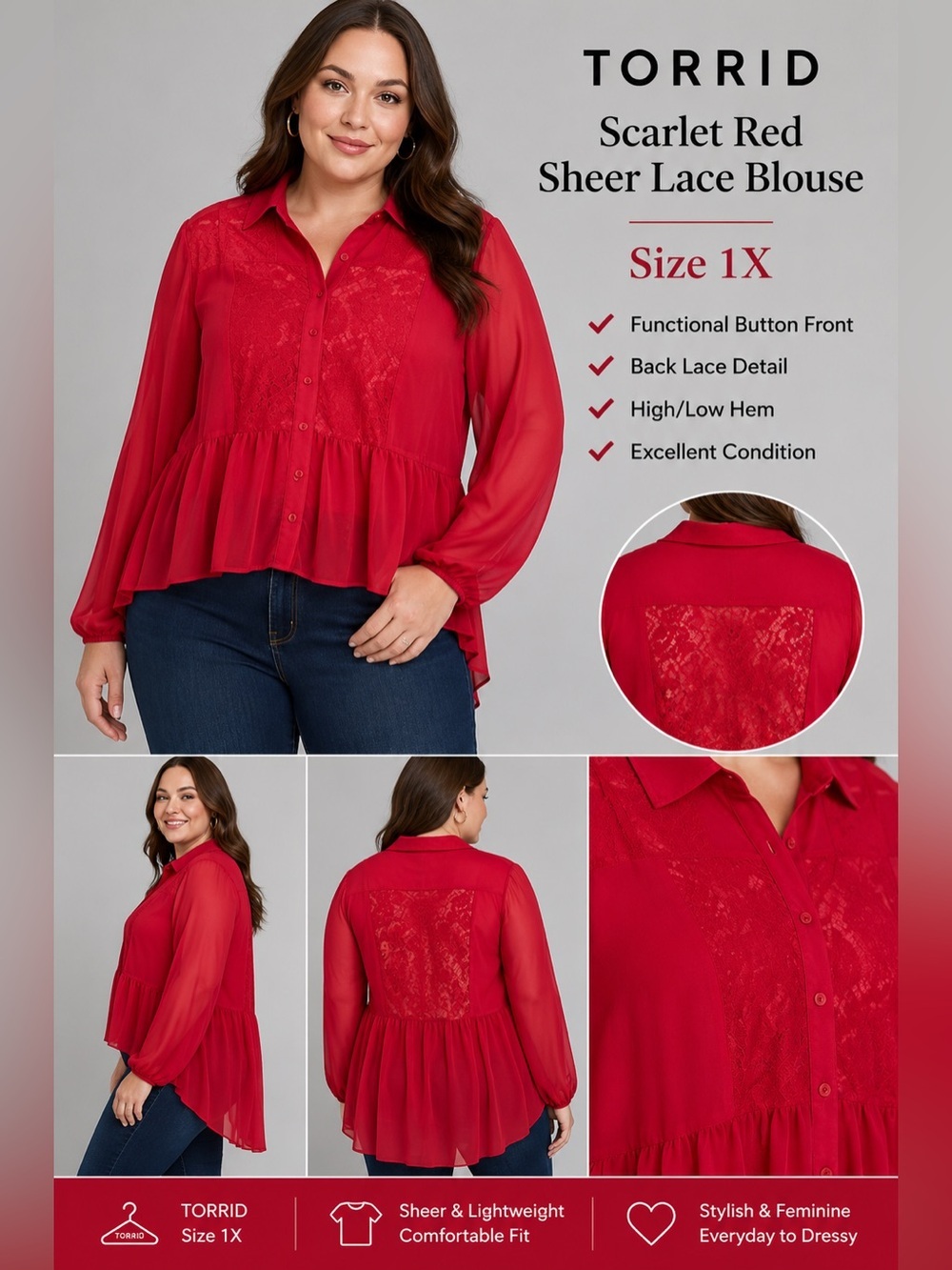 Torrid Scarlet Red Sheer Lace Button Front Blouse Tunic Size 1X High Low Hem